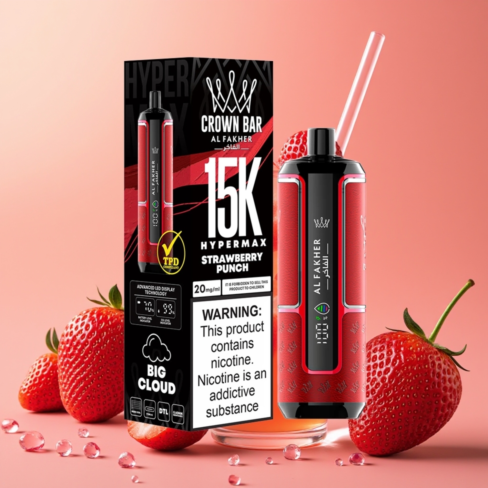 Al Fakher Crown Bar 15K Hypermax Kit Desechable de Fresa Punch con 22ml y 15000 Caladas