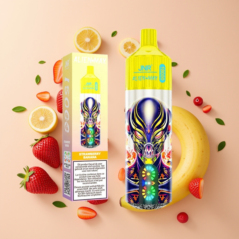JNR Alien Max 18000 Puffs Vape Desechable Fresa Plátano con Pantalla LED y Doble Bobina