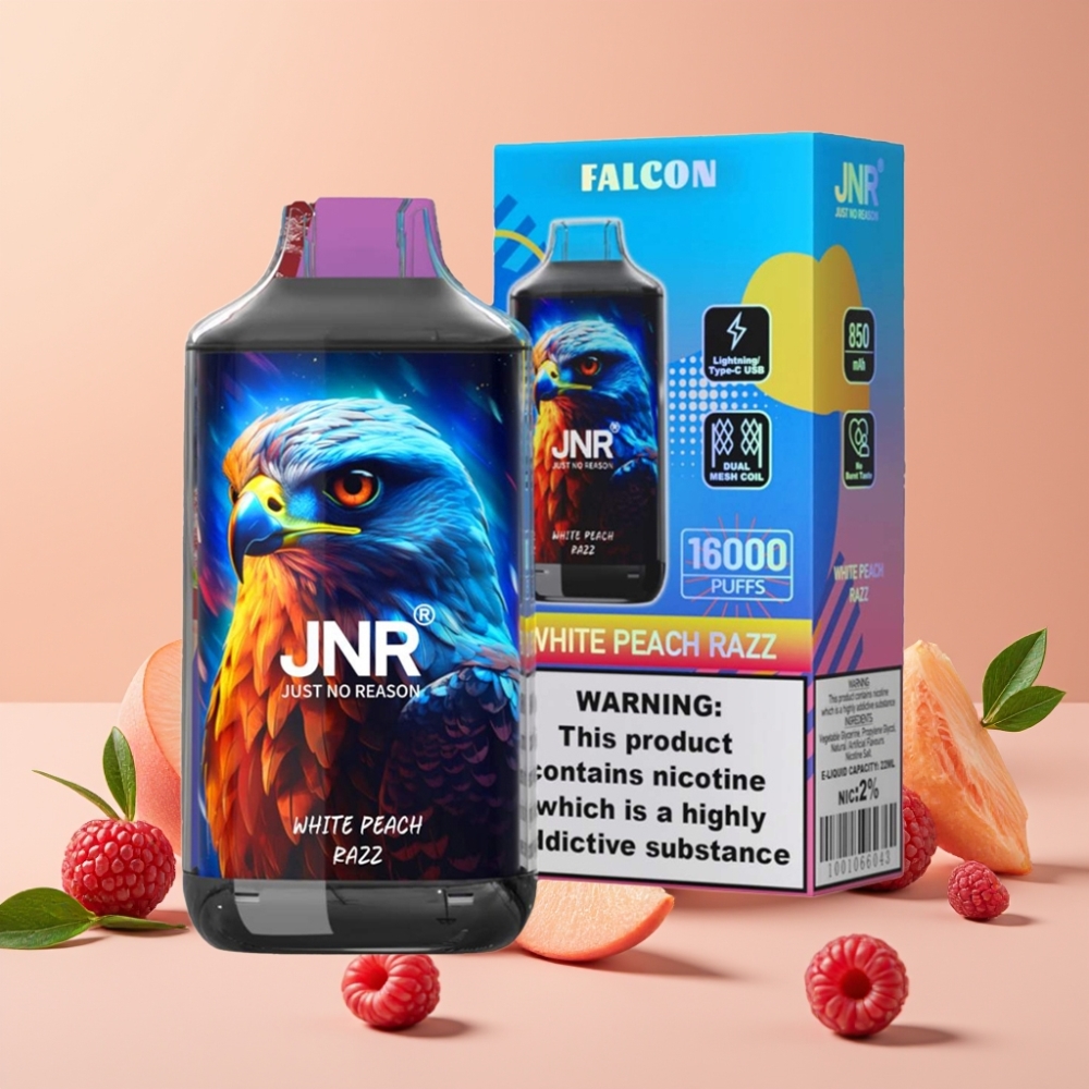 JNR Falcon 16000 Puffs Vape Disposable Durazno Blanco Frambuesa 22ml Dual Mesh