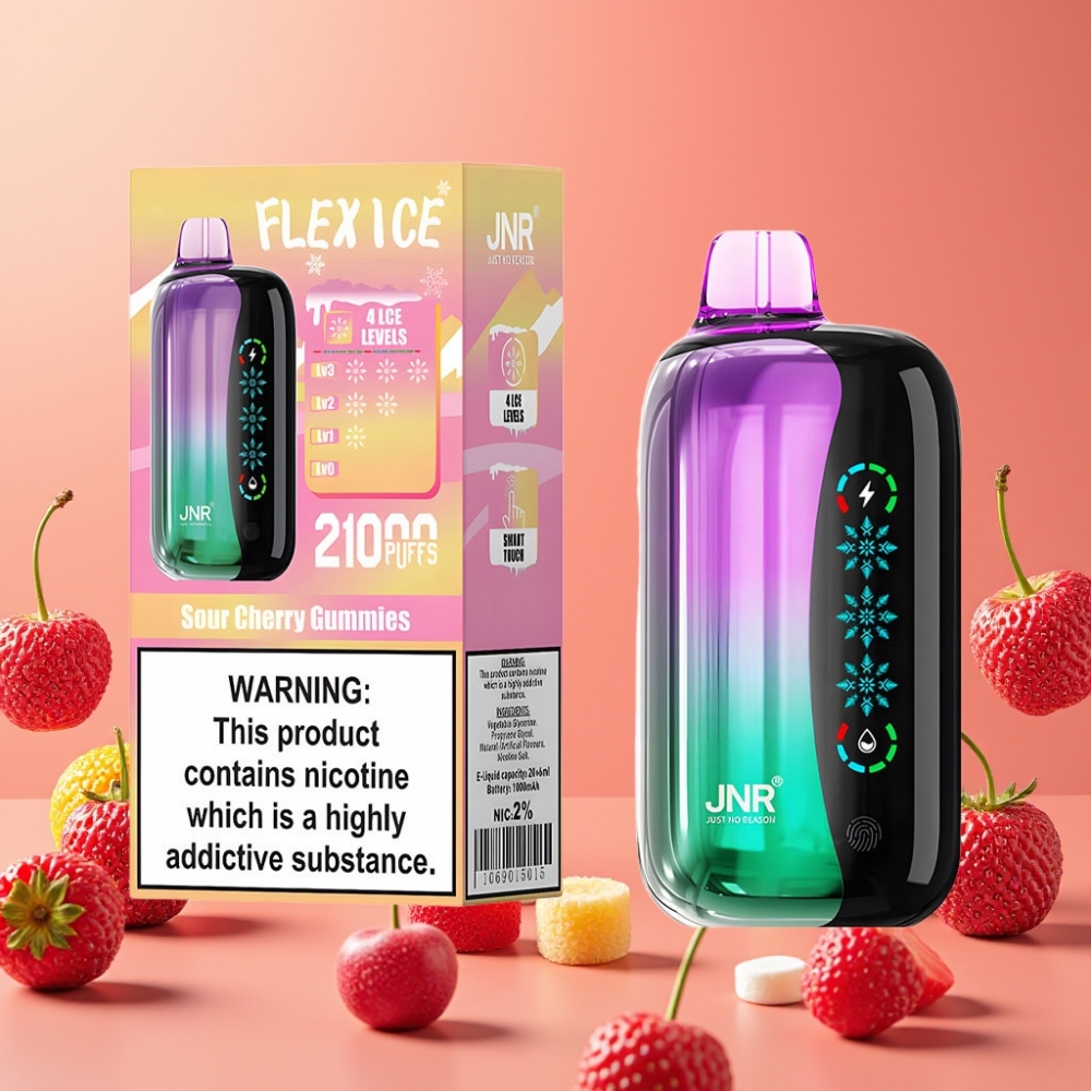 JNR Flex Ice 21000 Puffs Desechable Vape Gomitas Ácidas de Cereza con Pantalla Táctil y 26ml de E-líquido