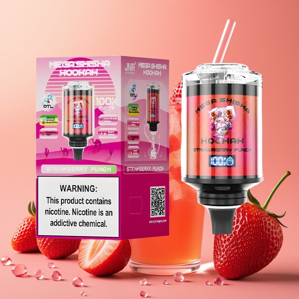 JNR Mega Shisha Hookah 100K Compatibilidad de Escritorio Ponche de Fresa 60ml
