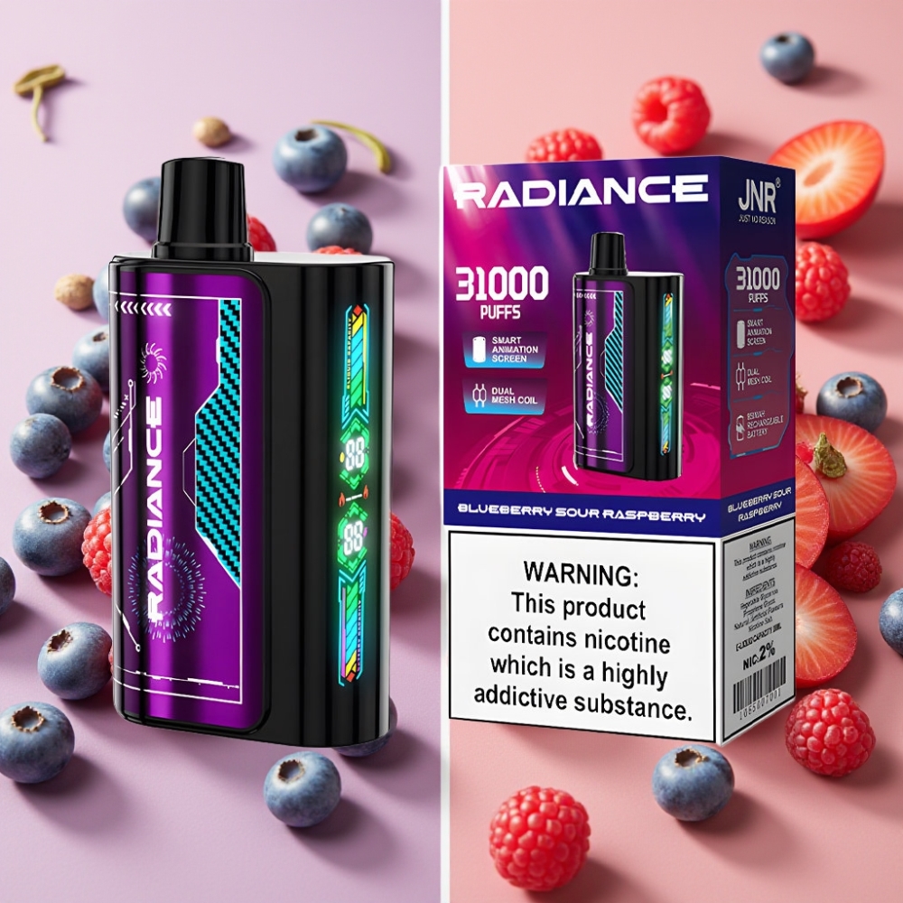 JNR Radiance 31000 Puffs Desechable Vape ARÁNDANO AGRIO FRAMBUESA con Pantalla Animada Inteligente