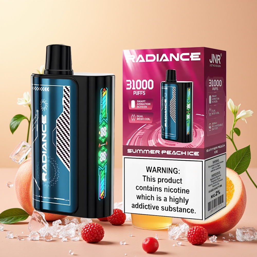 JNR Radiance 31000 Puffs Desechable Vape DURAZNO HELADO VERANO con Pantalla Animación Inteligente y Batería Recargable