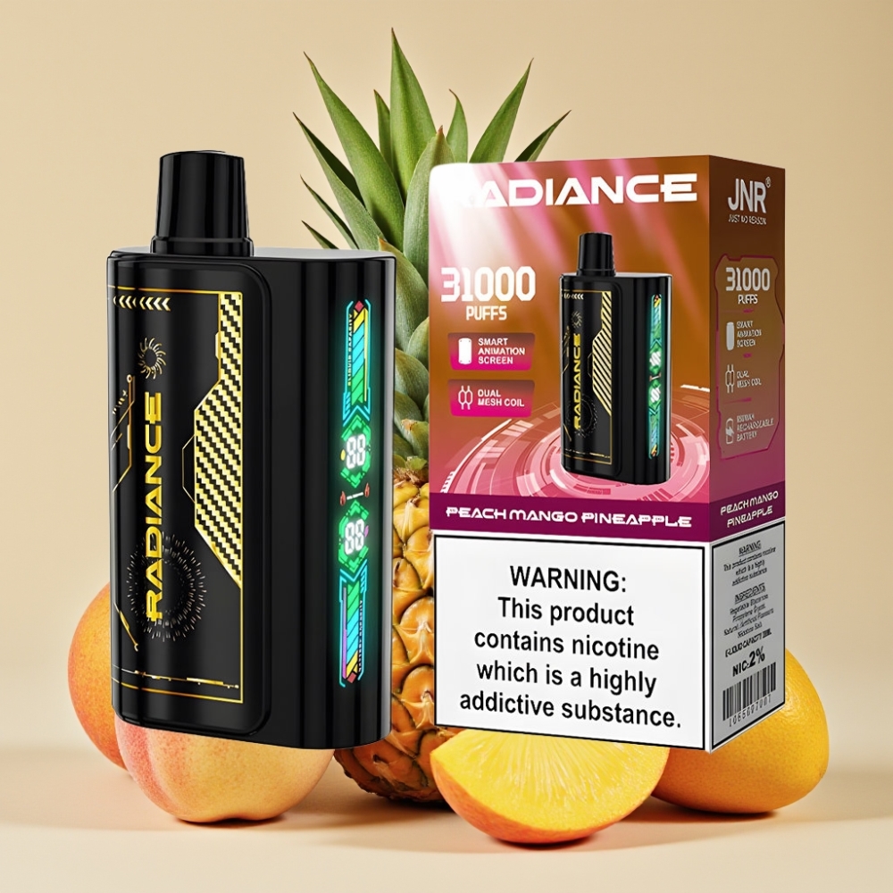 JNR Radiance 31000 Puffs Desechable Vape DURAZNO MANGO PIÑA con Pantalla Animada Inteligente