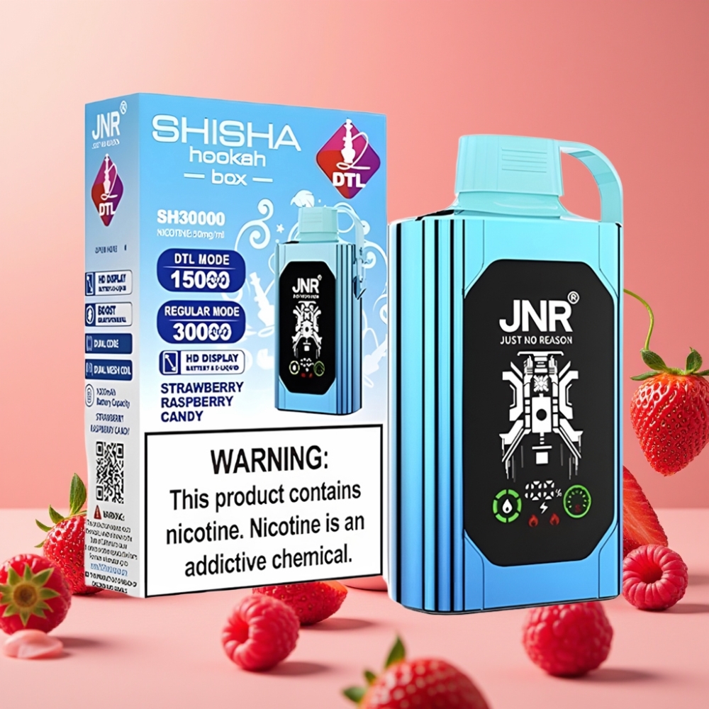 JNR Shisha Hookah Box 20500 Puffs Vape Disposable Fresa Frambuesa Caramelo HD Display