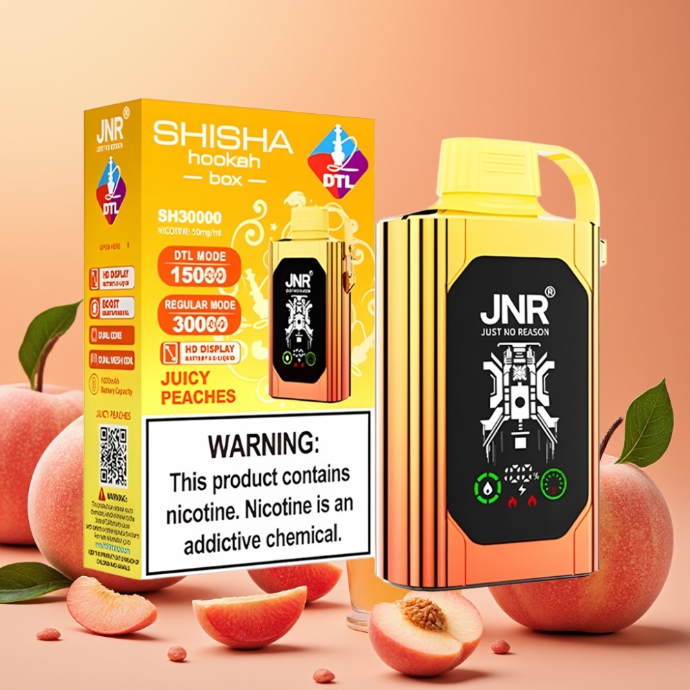 JNR Shisha Hookah Box 20500 Puffs Vape Disposable Melocotones Jugosos con Pantalla HD y Carga Rápida Type-C