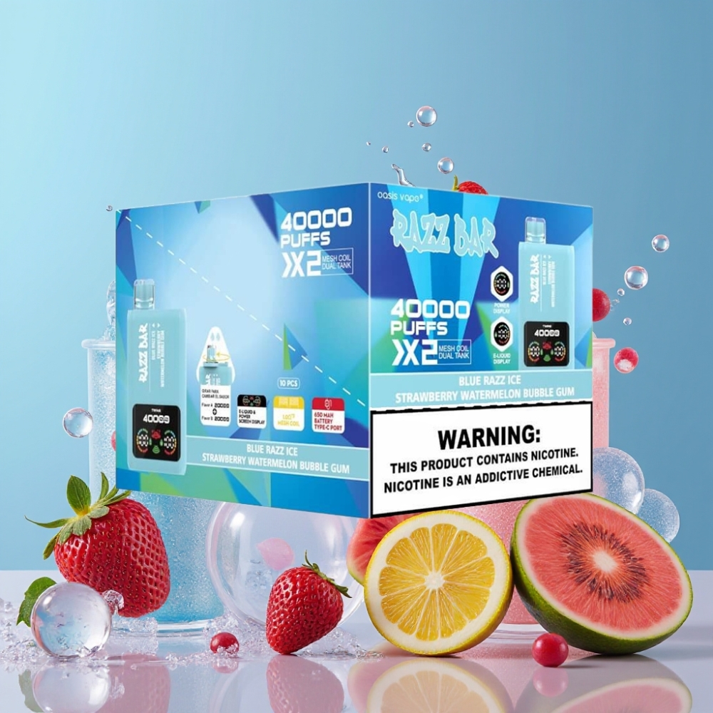 Razz Bar 40000 Puffs Desechable Vape AZUL FRAMBUESA HIELO-FRESA SANDÍA CHICLE BURBUJA Pantalla de Potencia