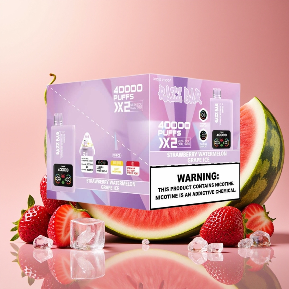Razz Bar 40000 Puffs Vape Desechable FRESA SANDÍA  UVA HIELO con Pantalla y Tipo-C