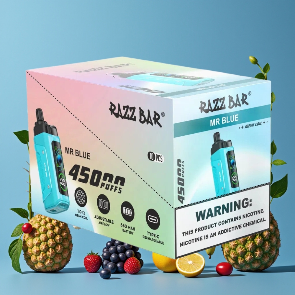 Razz Bar 45000 Puffs Desechable Vape Azul Sr y Razz Bar 45000 Puffs Desechable Vape con Bobina Mesh 10 Ohm