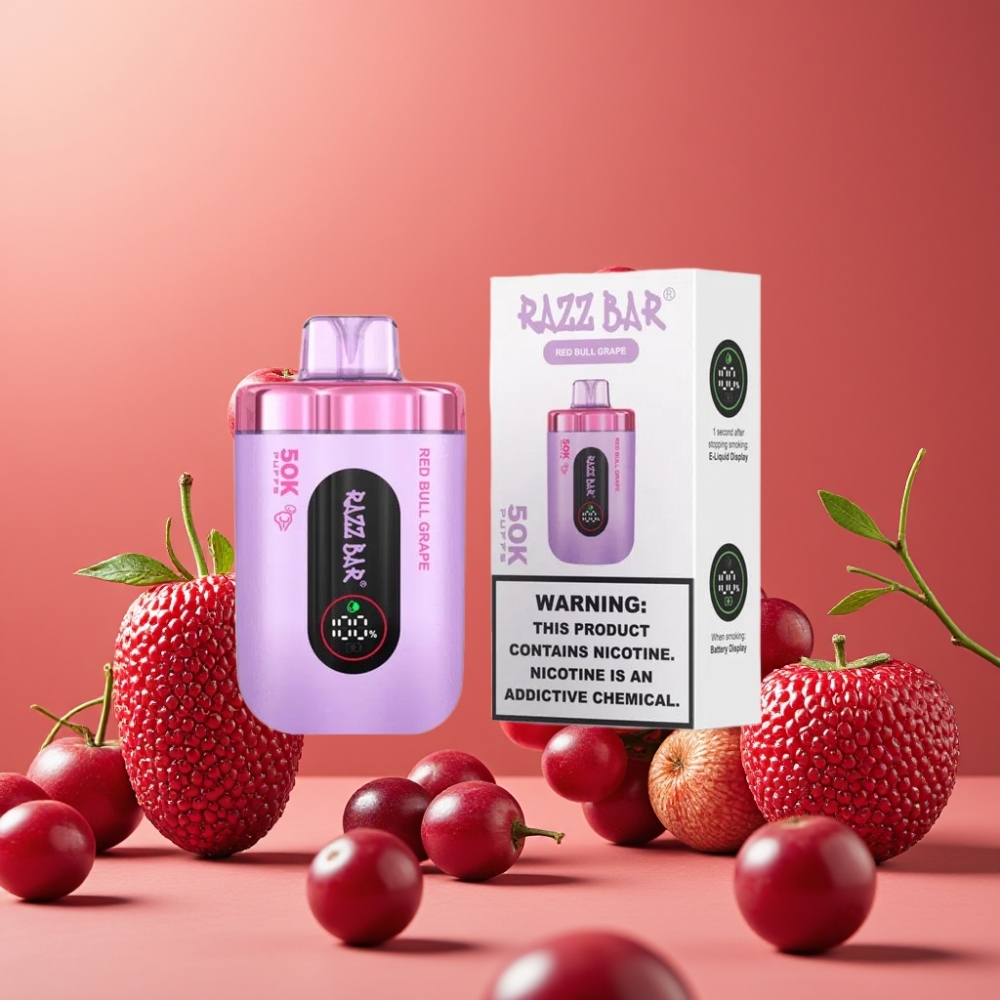 Razz Bar 50K Puffs Desechable Vape Uva Red Bull y Malla 10 Ohm