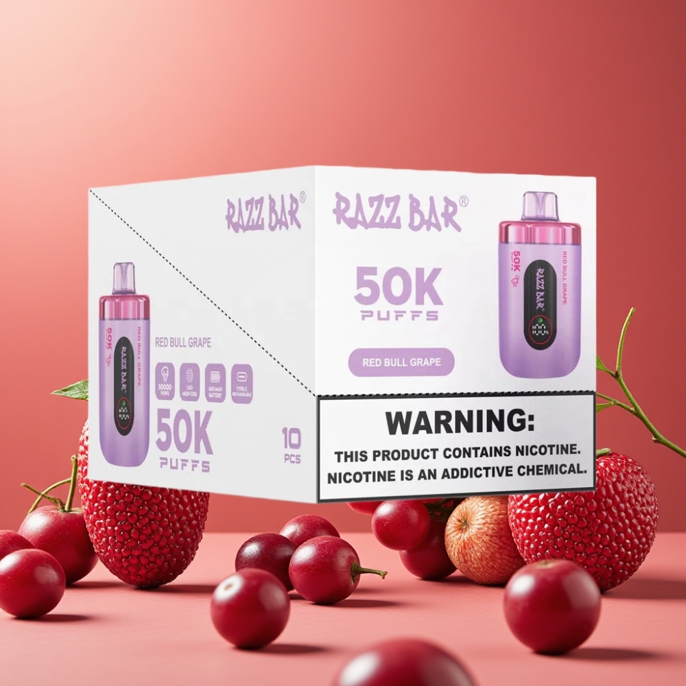 Razz Bar 50K Puffs Desechable Vape Uva Red Bull y Malla 10 Ohm