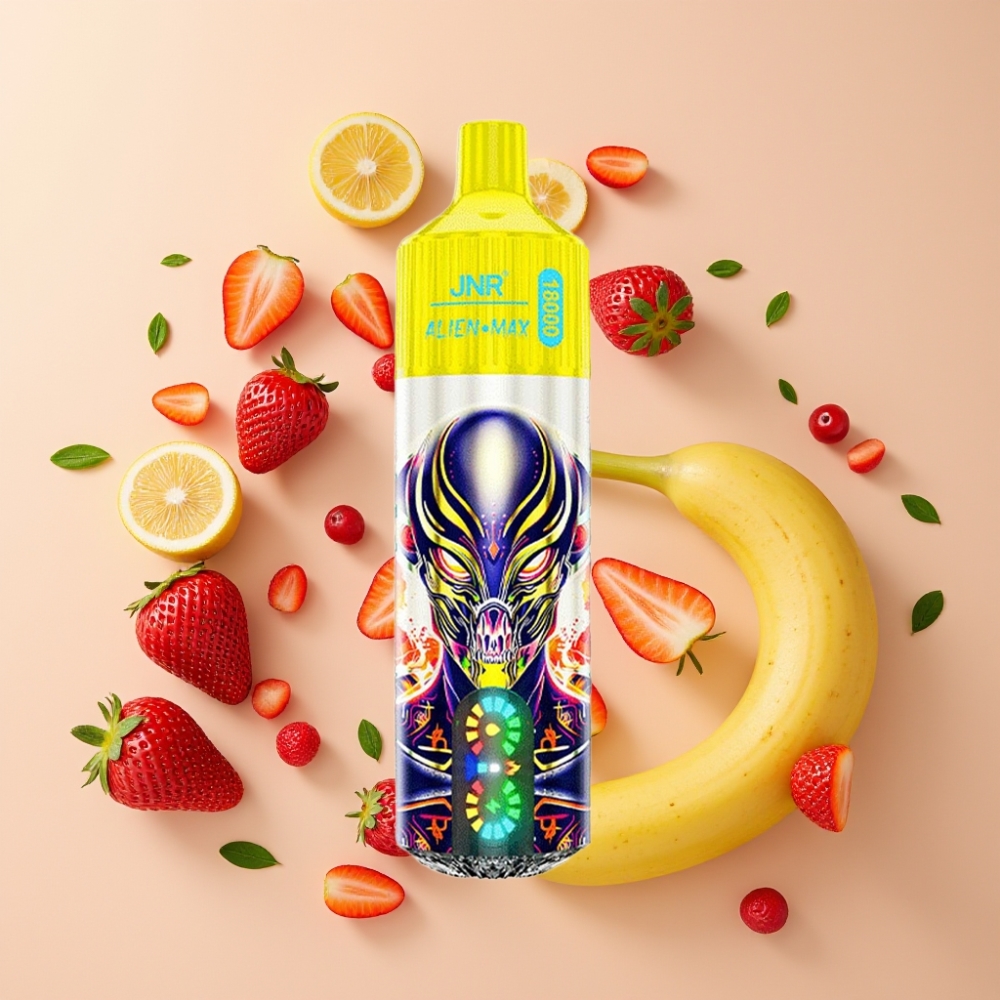 JNR Alien Max 18000 Puffs Vape Desechable Fresa Plátano con Pantalla LED y Doble Bobina
